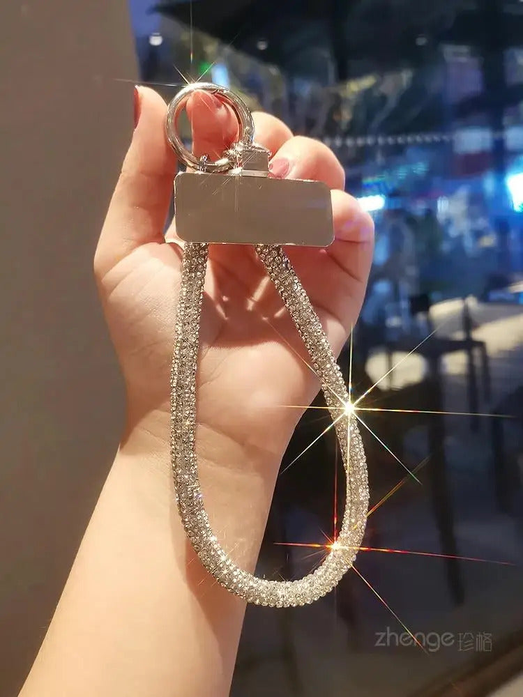 1pc Short Full Diamond Mobile Phone Lanyard Women's Small Fragrant Wind Short Wrist Case Universal Anyard Metal Clip Lanyard