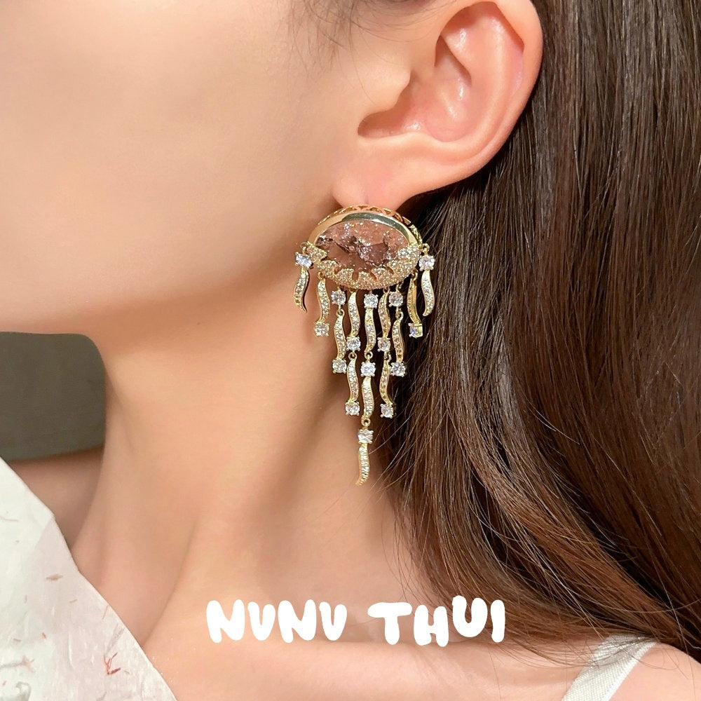 Sparkling PA Pink Cloud Pattern Jellyfish Tassel Gem Earrings Rich Woman's Happy Egg-Shaped Princess Pink Earrings