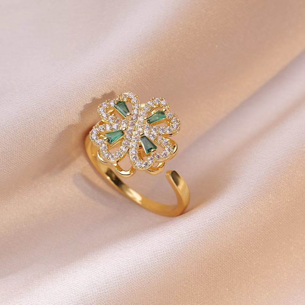 Rotating Ring for Women with Micro Paved Zircon, Elegant and Minimalist Style, Versatile Full Diamond Round Clover Ring Jewelry