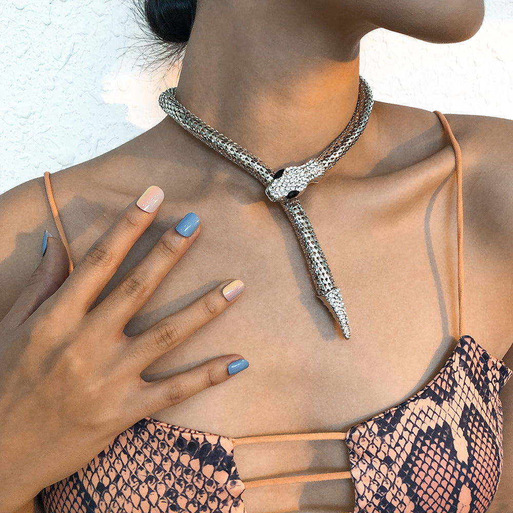Exaggerated Snake Necklace Punk Personality Hip-Hop Style Necklace Trendy Cool Street Style Show Micro-Inlaid Choker