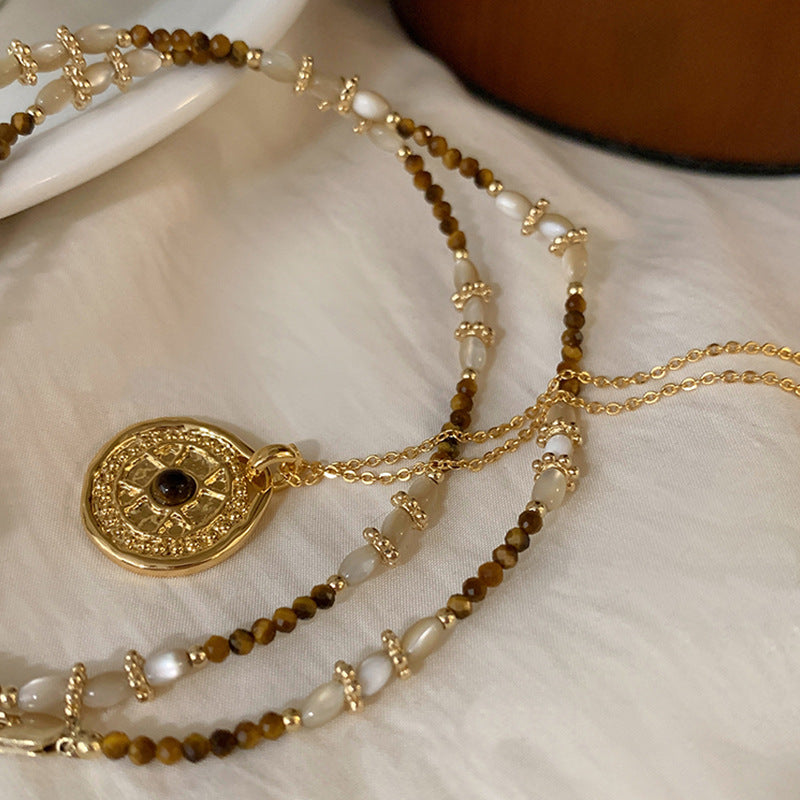 Milad Style Natural Stone Beaded Compass Pendant Layered Necklace for Women, Light Luxury Retro Versatile Choker Collarbone Chain