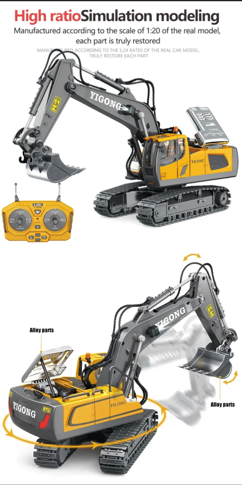 2.4G Remote Control Excavator Dump Truck RC Model Car Toy Professional Alloy Plastic Simulation Construction Vehicle for Kids