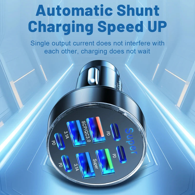 100W 8 Ports Car Charger Fast Charging PD QC3.0 USB C Car Phone Charger Type C Adapter in Car For iPhone Samsung Huawei Xiaomi