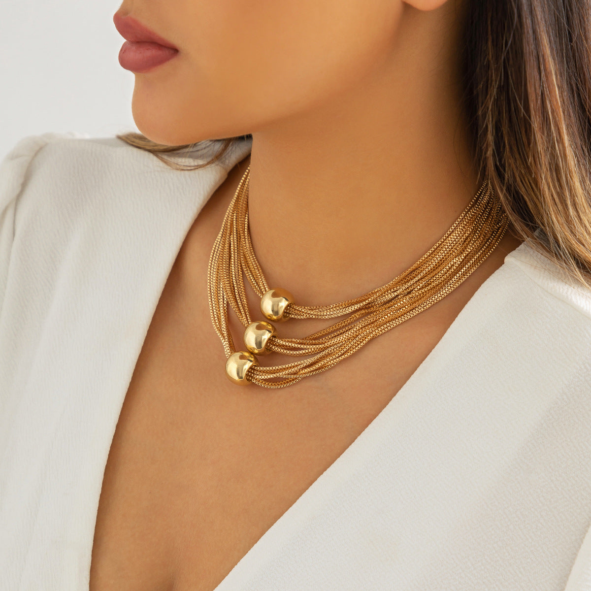 Cross-Border Exaggerated Punk Multi-Layer Chain Stacked Necklace Simple Niche Geometric Ball Personality Choker Necklace