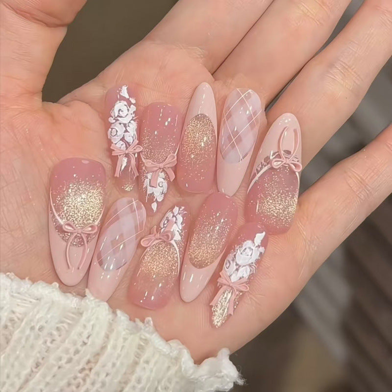 Purely Handmade Wearable Nails Atmosphere Sparkling Cat Eye French Hand-painted Gradient Flower Bedtime Fairy Tale Sweet Girl Nail Art