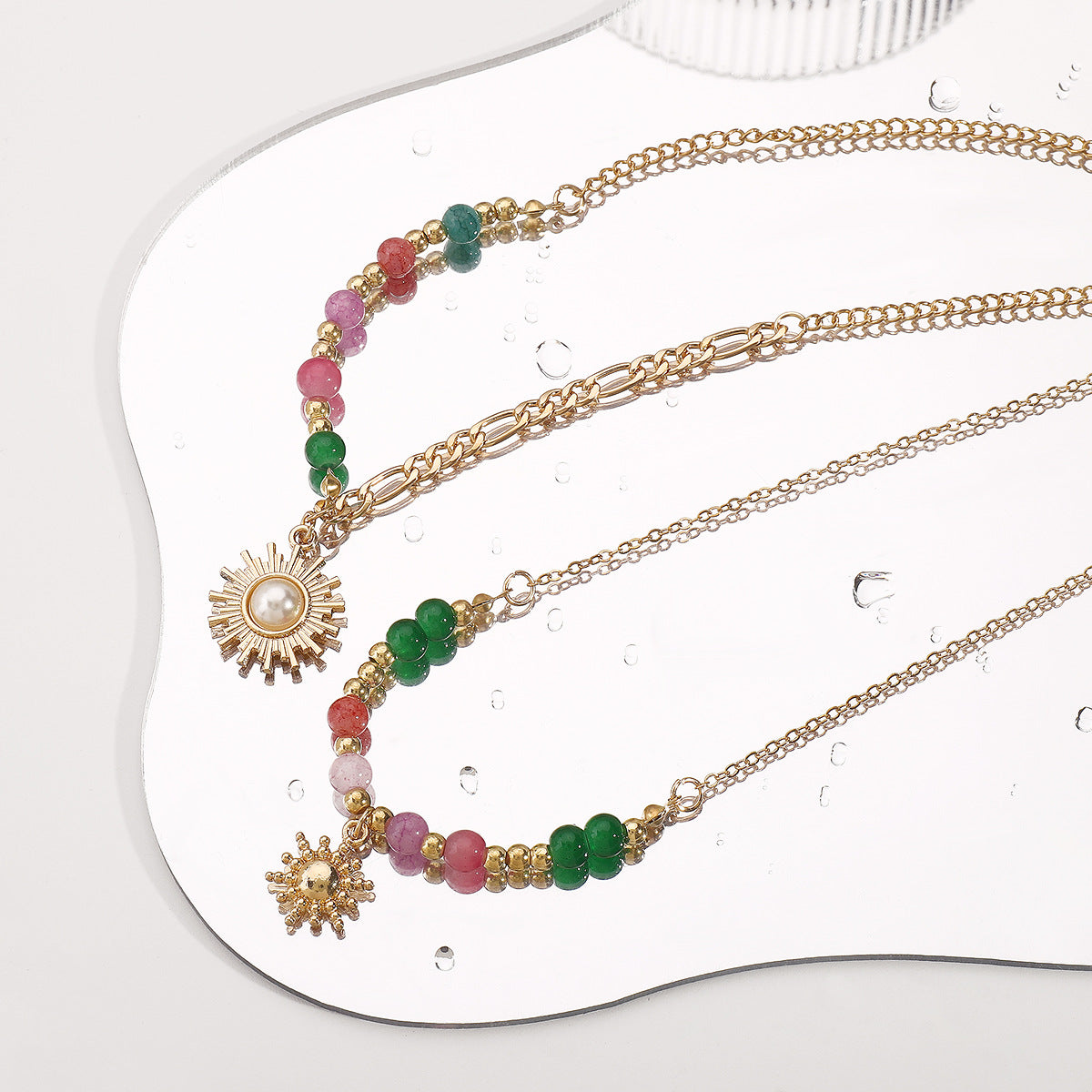 N12095 New Chinese Retro Sun Inlaid Pearl Necklace Ins Style High Sense Micro Glass Bead Twin Clavicle Chain