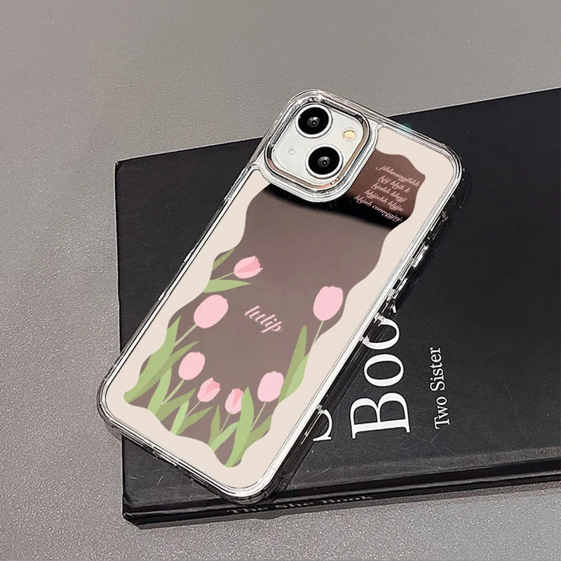 Tulip Flowers Mirror Glass Case For iPhone 11 Pro Max 16 14 13 Pro 12 15 XR XS Max X Case Square Floral Leaf Lette Pattern Cover