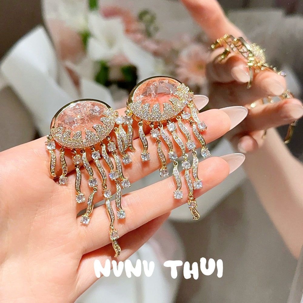 Sparkling PA Pink Cloud Pattern Jellyfish Tassel Gem Earrings Rich Woman's Happy Egg-Shaped Princess Pink Earrings