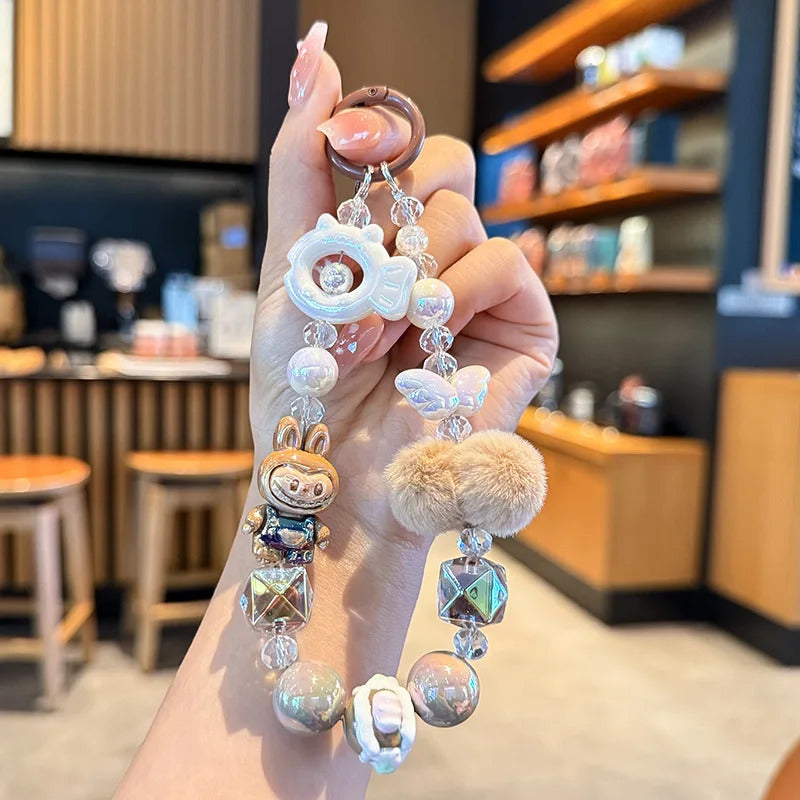 New Labubu wool ball bead Phone Chain Girls Kawaii Cartoon Backpack Pendant Cute Keychain Lanyard Bag Charm Mobile Case Gift