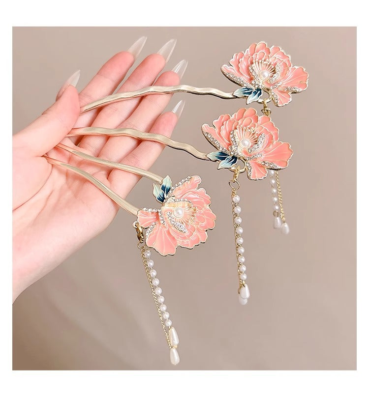 National Style Peony Flower Hairpin for Women 2025 New Super Fairy Step Shake Tassel Hair U-shaped Hairpin Cheongsam Hanfu Hairpin