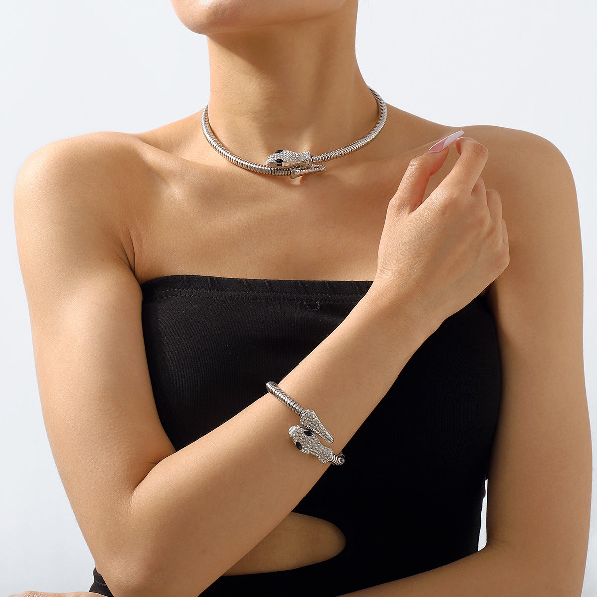 Exaggerated Snake Necklace Punk Personality Hip-Hop Style Necklace Trendy Cool Street Style Show Micro-Inlaid Choker
