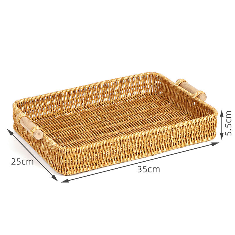 Fruit Plate Hand-Woven Japanese Bread Basket Steamed Bun Basket Living Room Household Storage Basket Rattan Double Ear Tray