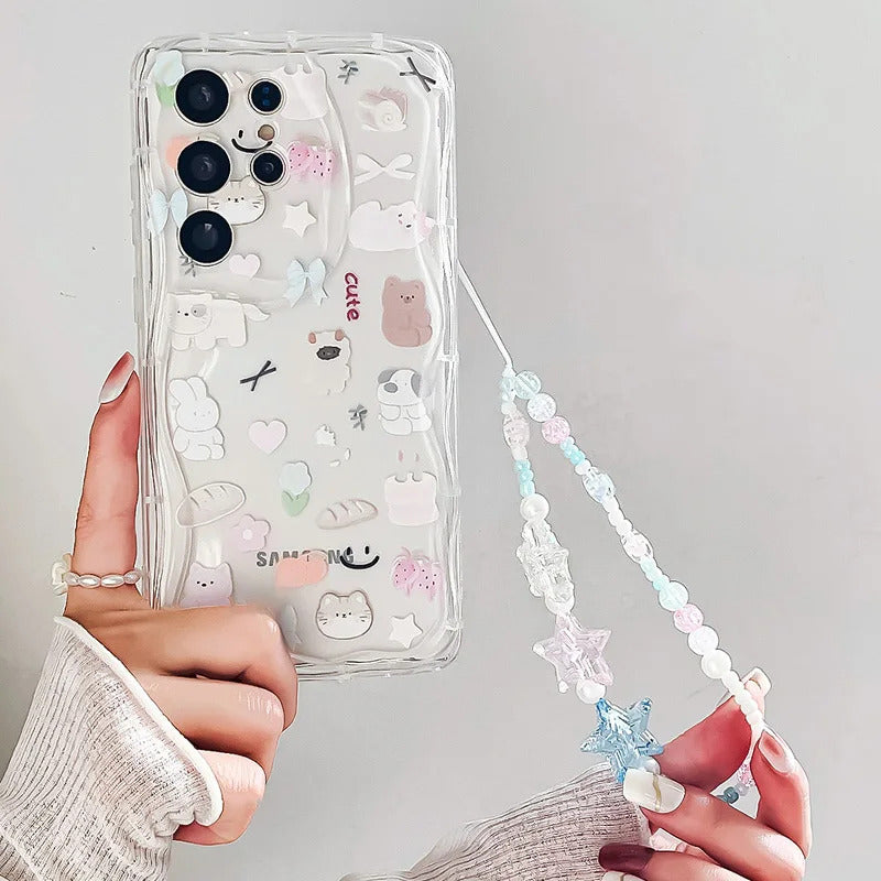 Wrst Chain Phone Case For Samsung S24 S23 S22 S21 S20 FE Plus Ultra A10S 20S 11 02 03 04 05S Cute Cat Lanyard Soft TPU Cover