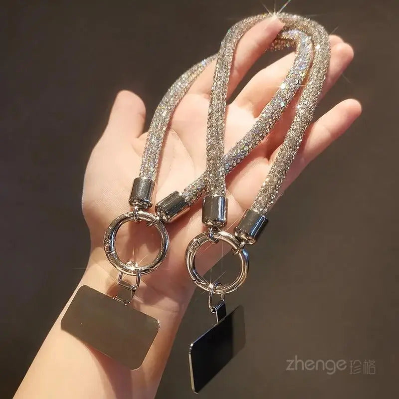 1pc Short Full Diamond Mobile Phone Lanyard Women's Small Fragrant Wind Short Wrist Case Universal Anyard Metal Clip Lanyard