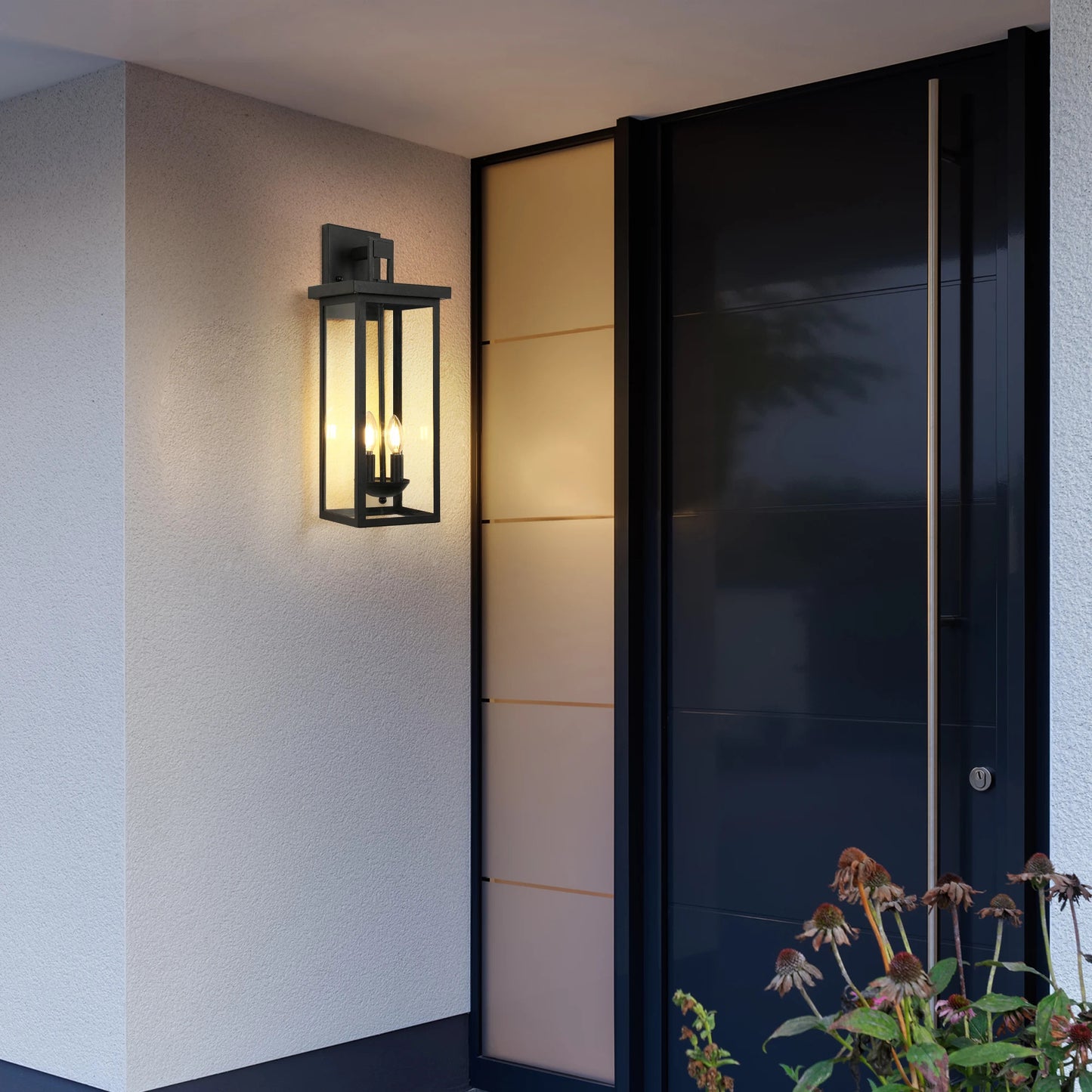 22"(H) Outdoor Wall Lantern with Dusk to Dawn Sensor Matte Black Finish Clear Glass Panels Weatherproof Exterior Light