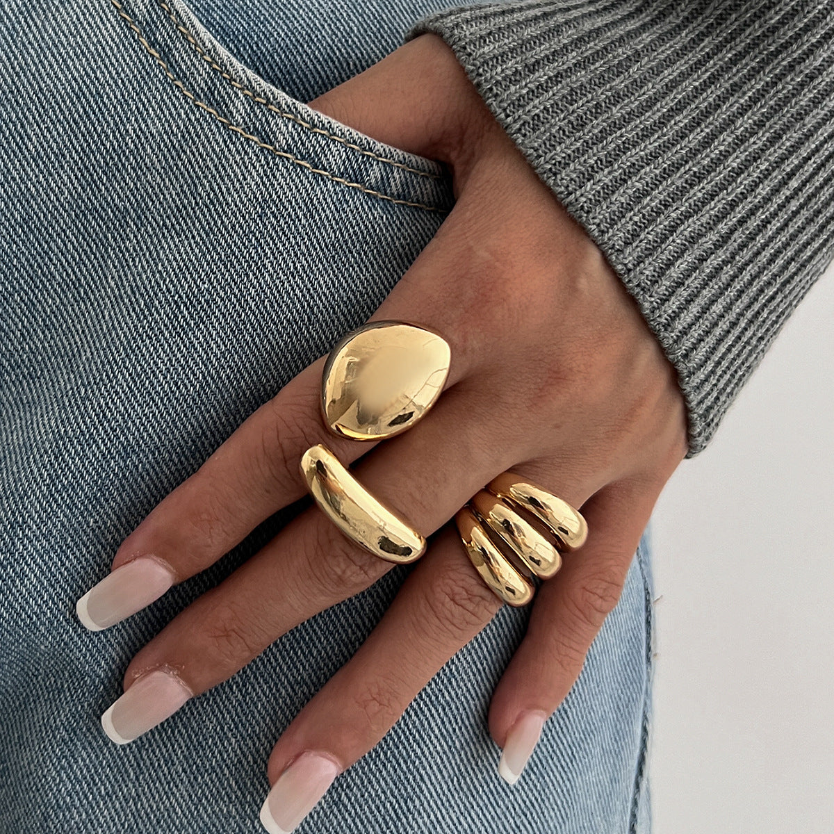 Hand Jewelry Personality Smooth Irregular Geometric Joint Ring Hip Hop Style Women's Ring Set