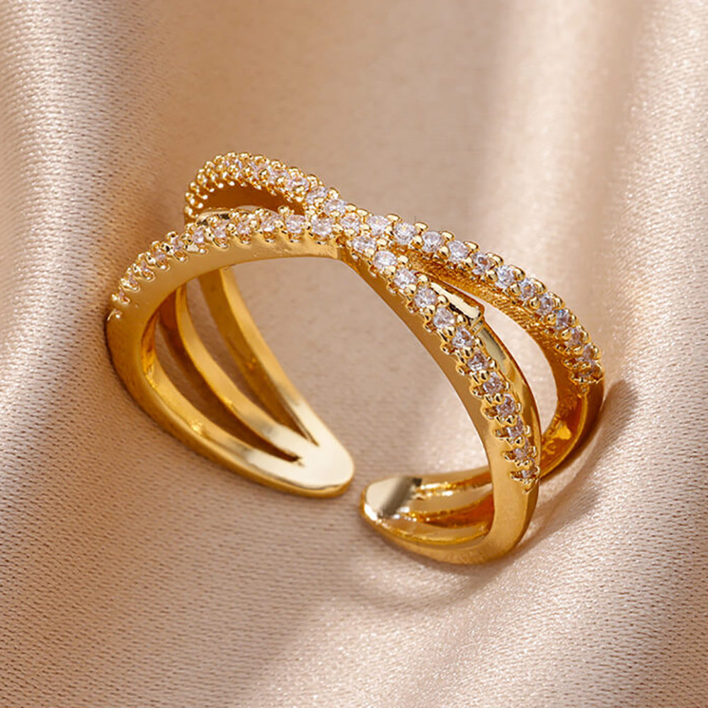 Hot Selling 18K Gold-Plated Full Diamond Titanium Steel Colorfast Open Ring Female Zircon Leaf Ring Female High Sense