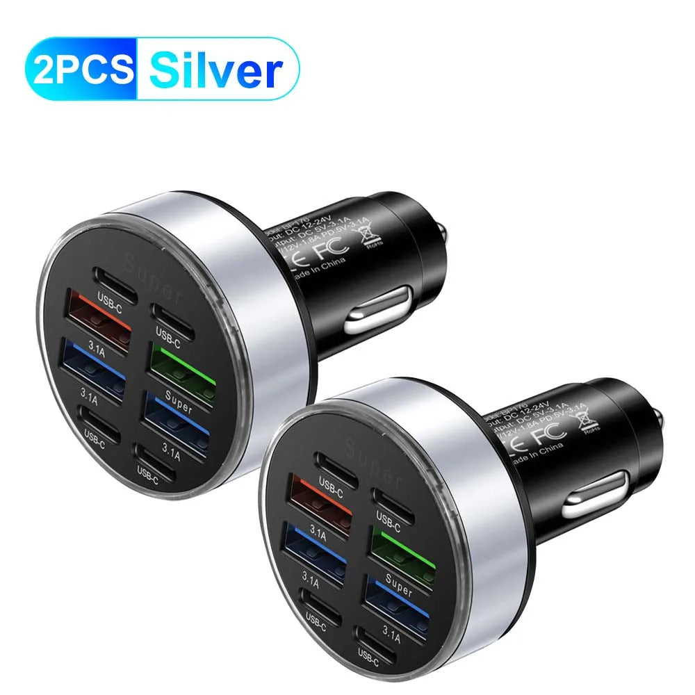 100W 8 Ports Car Charger Fast Charging PD QC3.0 USB C Car Phone Charger Type C Adapter in Car For iPhone Samsung Huawei Xiaomi
