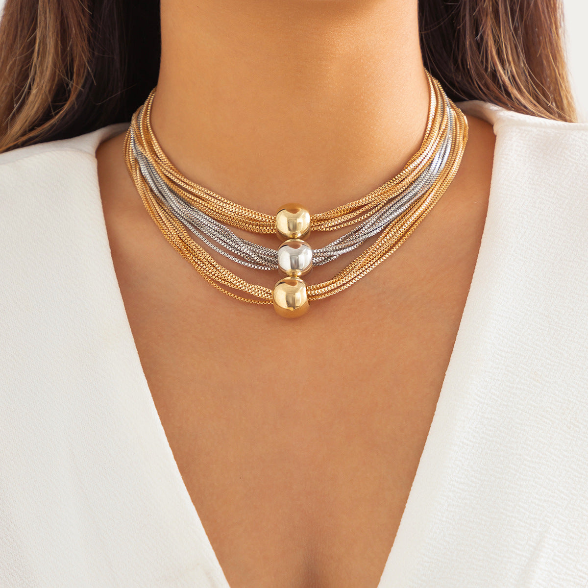 Cross-Border Exaggerated Punk Multi-Layer Chain Stacked Necklace Simple Niche Geometric Ball Personality Choker Necklace