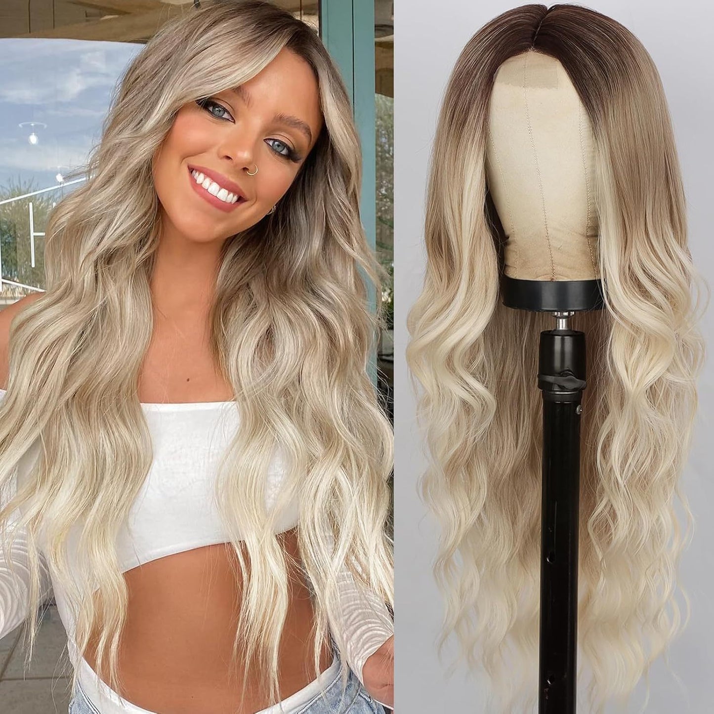 Xuchang European and American Style Wig for Women, Front Lace Wig, Middle Part, Small Lace, Highlighted Long Curly Hair, Synthetic Fiber Wig, Export Wigs