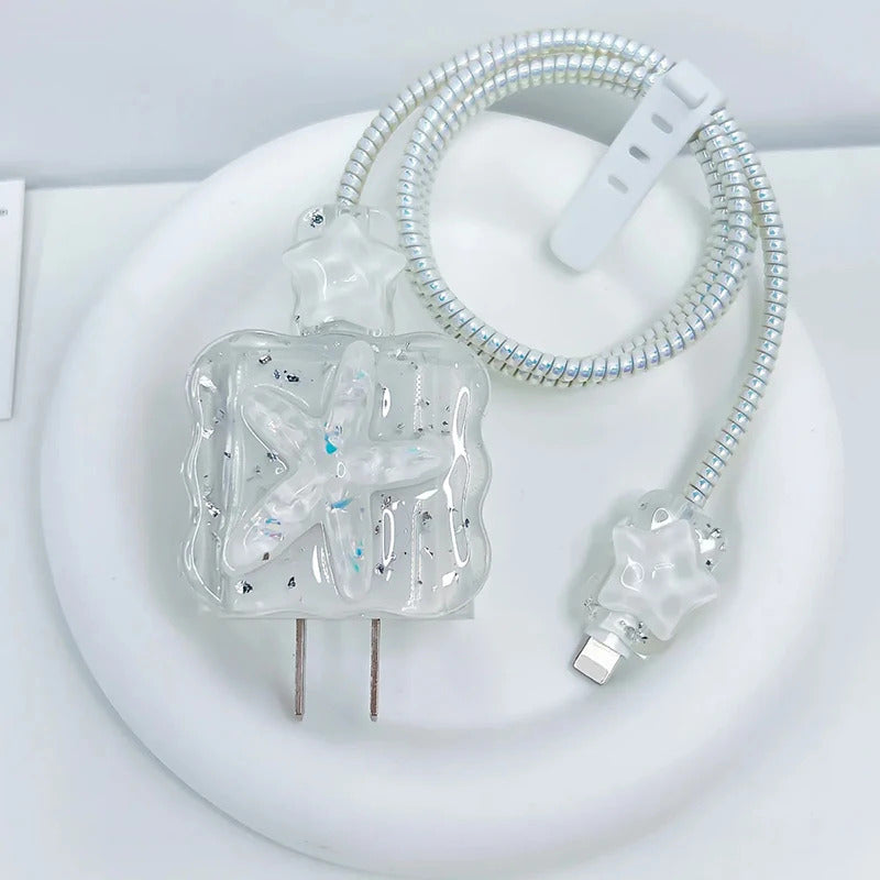 Korean Cute 3D Crystal Star USB Cable Protector Cover For iPhone 18W-20W Data Line Bite Head Cord Flower Fast Charging Case