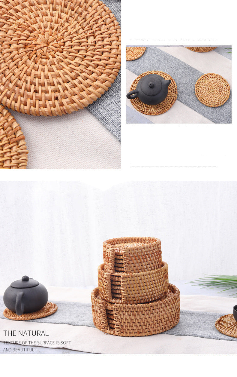 In Stock Vietnam Rattan Coaster Handmade Round Tabletop Tea Coaster Autumn Rattan Dining Table Western Food Mat Heat Insulation Tea Set Accessories