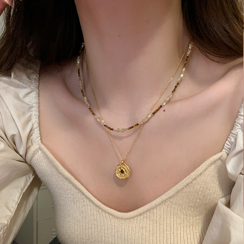 Milad Style Natural Stone Beaded Compass Pendant Layered Necklace for Women, Light Luxury Retro Versatile Choker Collarbone Chain