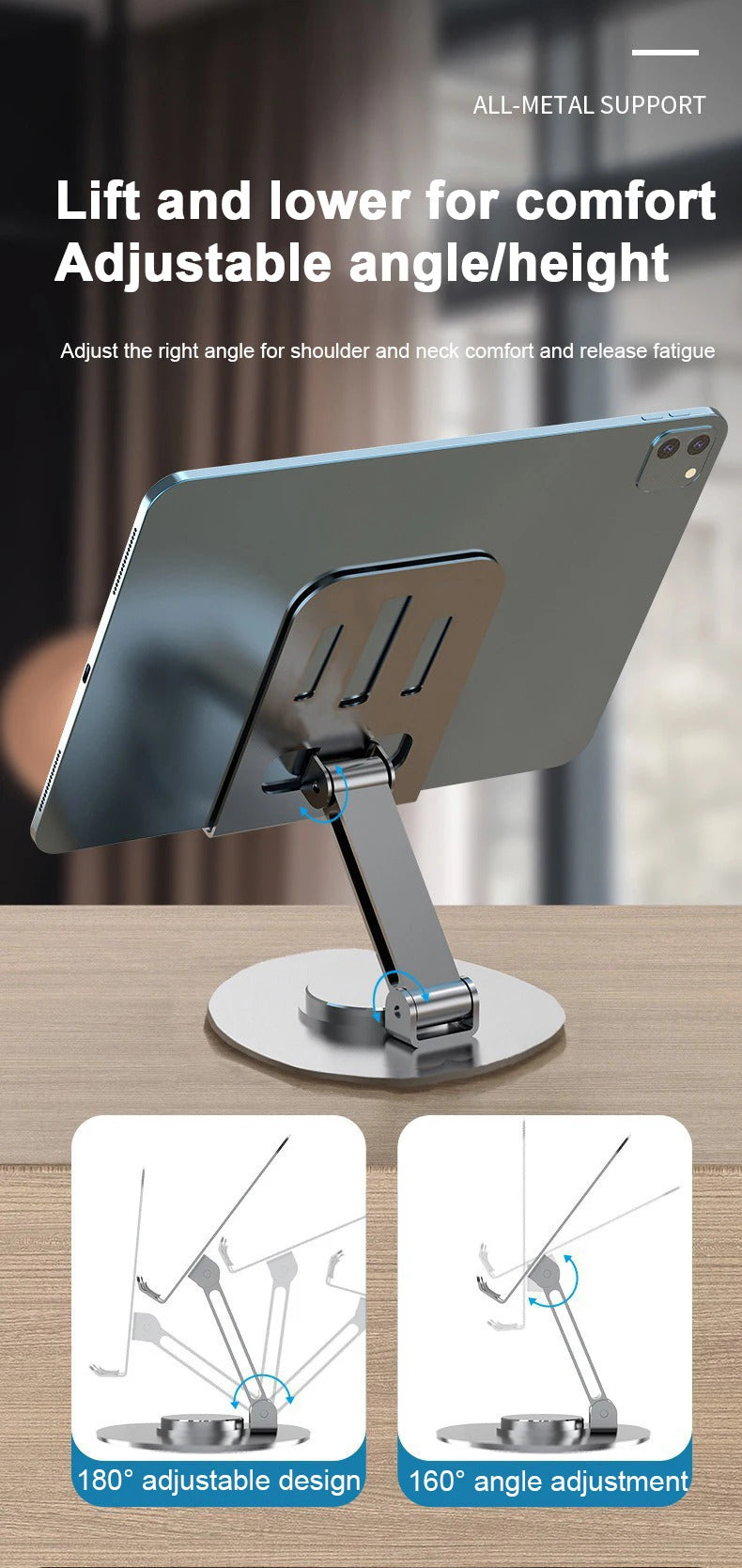 Adjustable Cell Phone Stand, Aluminum Desktop Cellphone Stand with Anti-Slip Base and Convenient Charging Port
