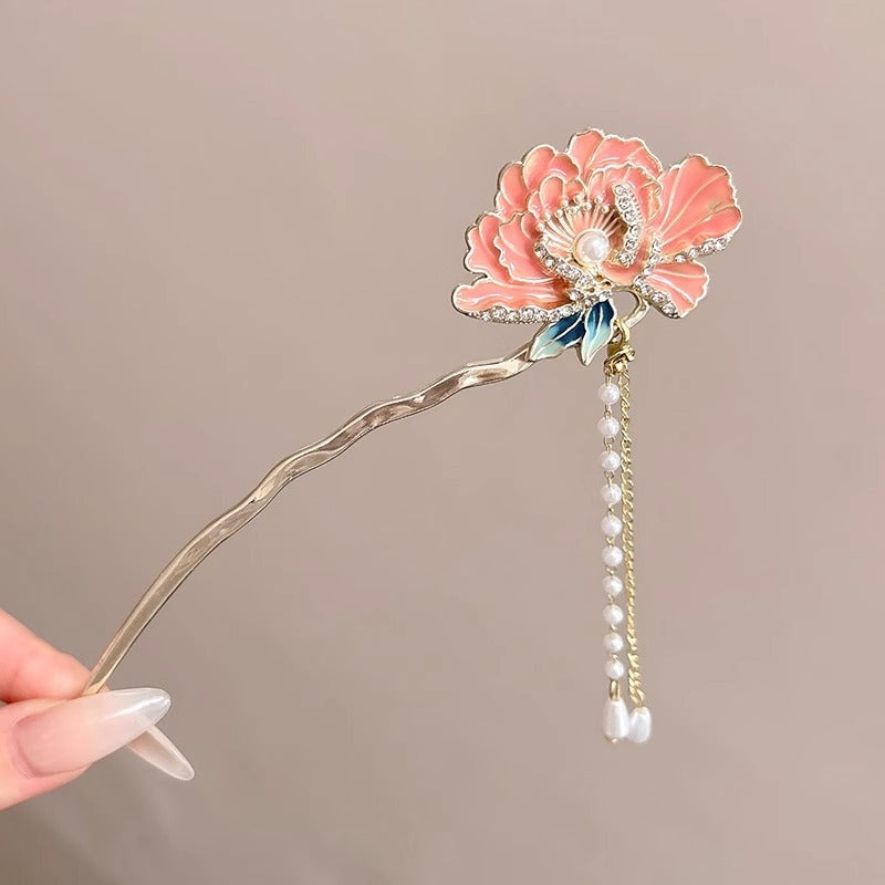 National Style Peony Flower Hairpin for Women 2025 New Super Fairy Step Shake Tassel Hair U-shaped Hairpin Cheongsam Hanfu Hairpin