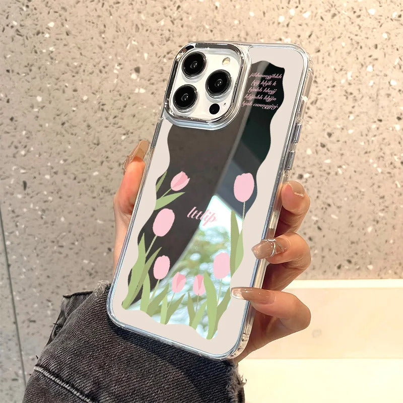Tulip Flowers Mirror Glass Case For iPhone 11 Pro Max 16 14 13 Pro 12 15 XR XS Max X Case Square Floral Leaf Lette Pattern Cover
