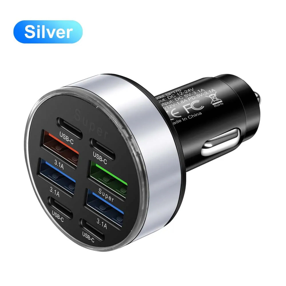 100W 8 Ports Car Charger Fast Charging PD QC3.0 USB C Car Phone Charger Type C Adapter in Car For iPhone Samsung Huawei Xiaomi