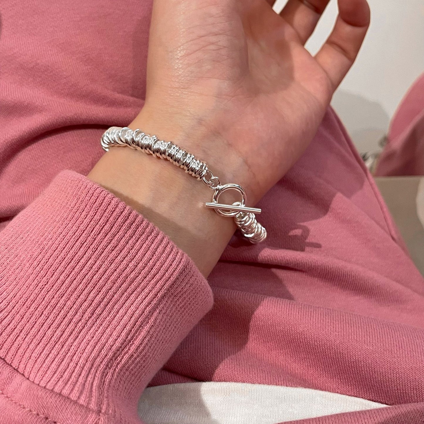 S925 Sterling Silver Heavy Craft Plain Silver Large Circle Bracelet Fashionable Elegant Personality OT Buckle Thick Chain Bracelet