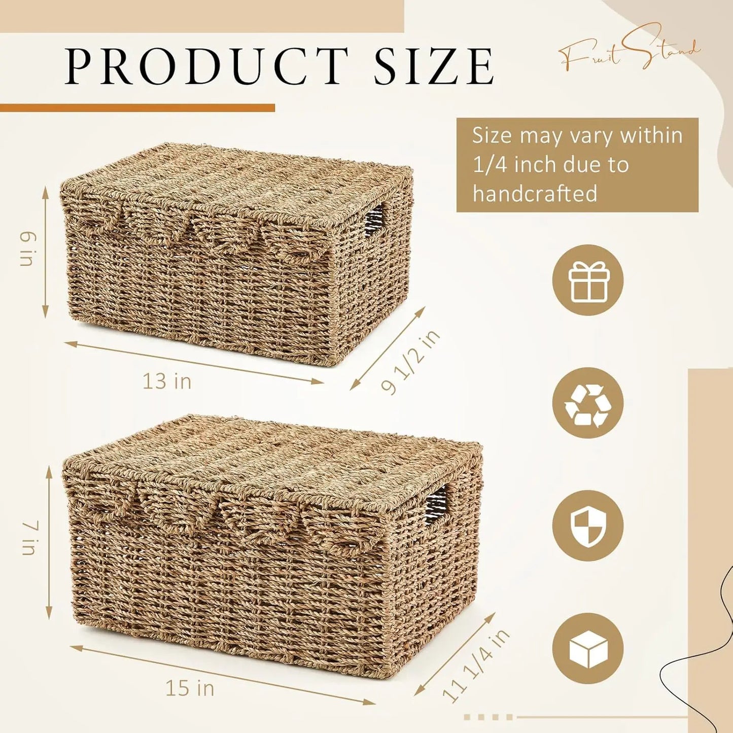 2 Pcs Scalloped Edge Wicker Basket with Lid Wicker Baskets for Organizing Storage Wicker Woven Handwoven Basket with Handles
