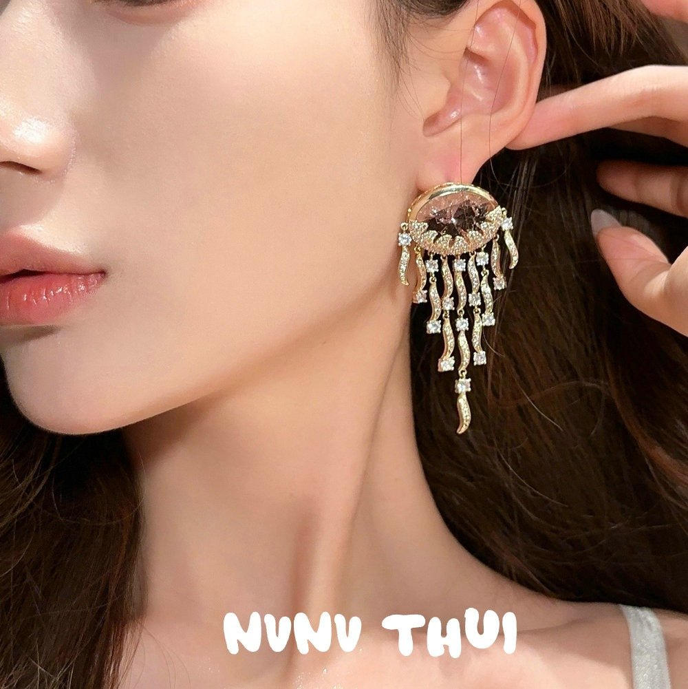 Sparkling PA Pink Cloud Pattern Jellyfish Tassel Gem Earrings Rich Woman's Happy Egg-Shaped Princess Pink Earrings