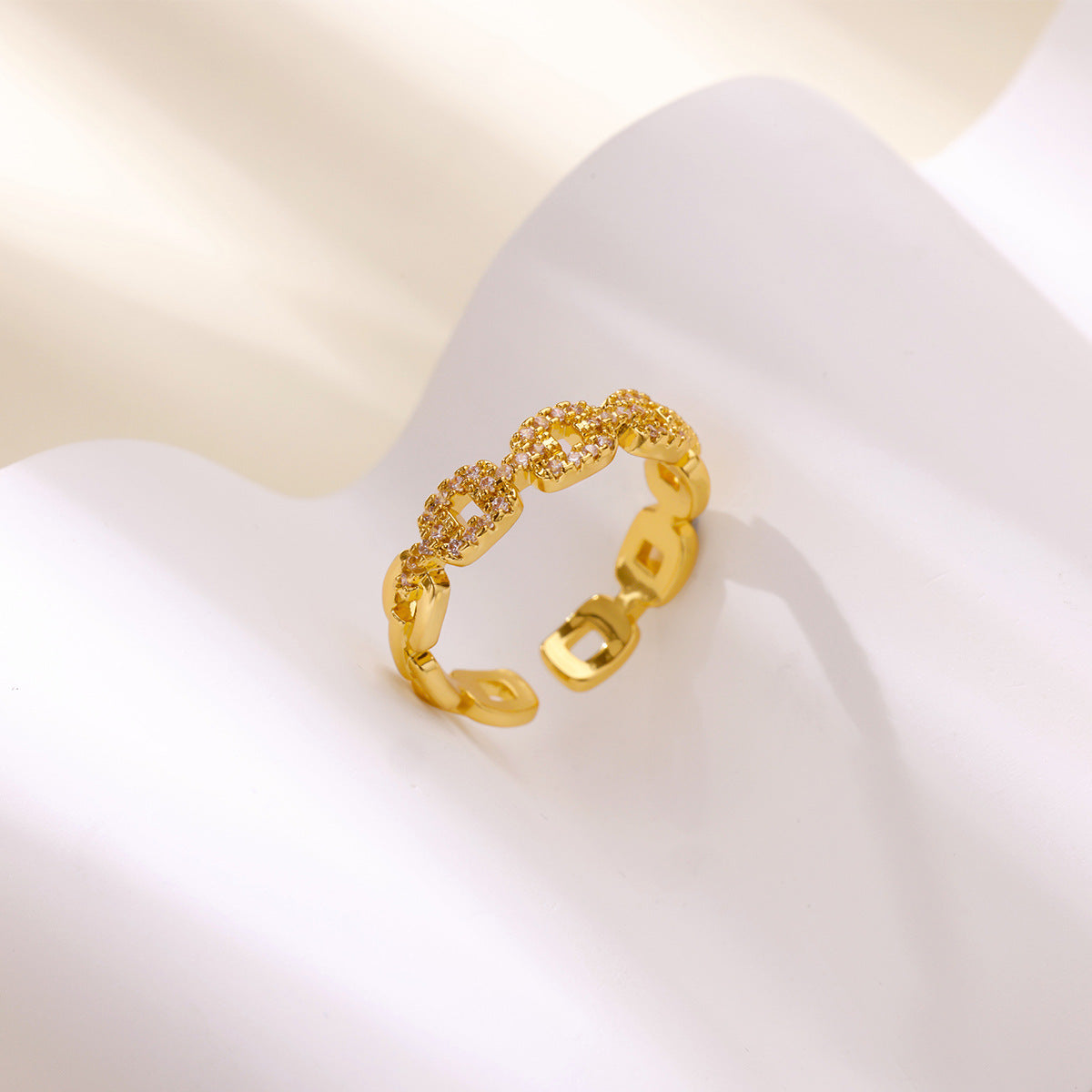 Hot Selling 18K Gold-Plated Full Diamond Titanium Steel Colorfast Open Ring Female Zircon Leaf Ring Female High Sense