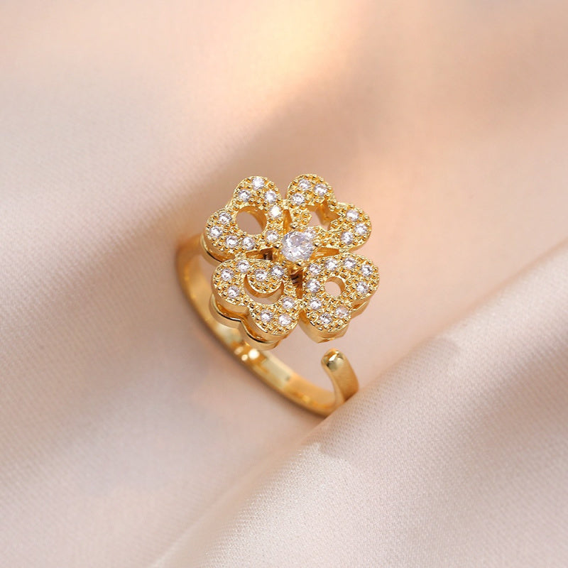 Rotating Ring for Women with Micro Paved Zircon, Elegant and Minimalist Style, Versatile Full Diamond Round Clover Ring Jewelry