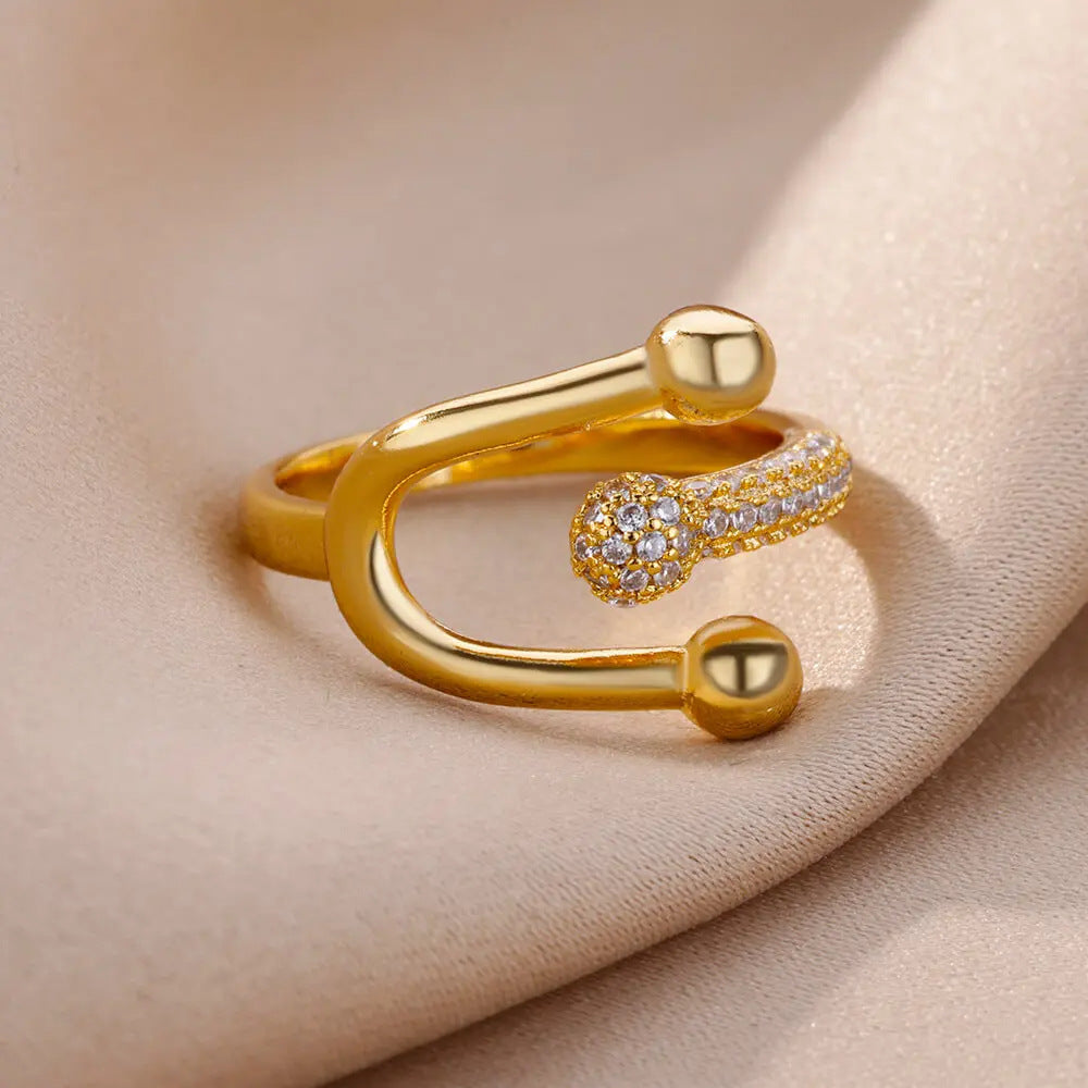 Hot Selling 18K Gold-Plated Full Diamond Titanium Steel Colorfast Open Ring Female Zircon Leaf Ring Female High Sense
