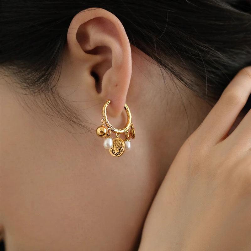 S925 Sterling Silver Pearl Tassel Earrings for Women Fashion Retro Vintage Gold Texture Palace Style Earrings