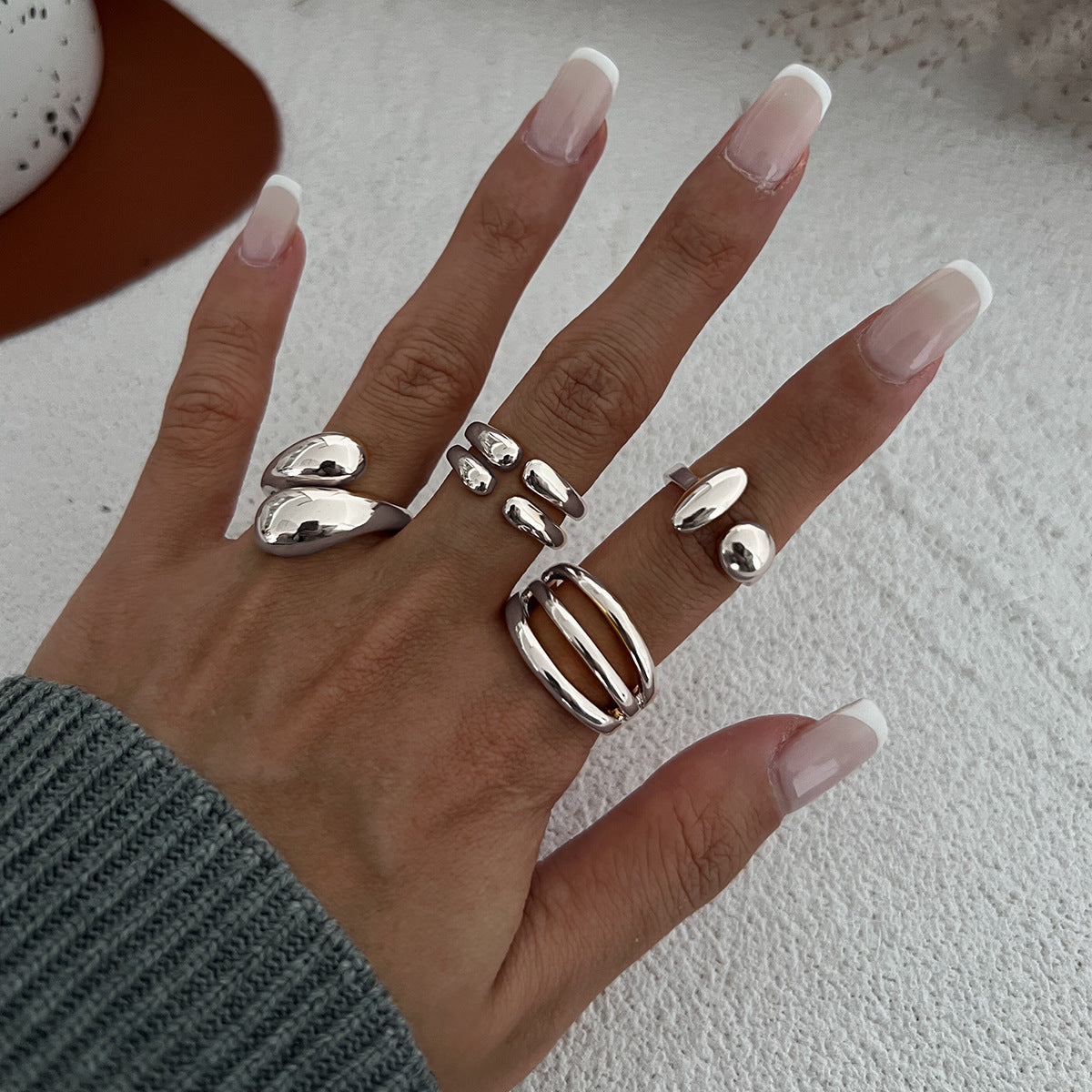 Hand Jewelry Personality Smooth Irregular Geometric Joint Ring Hip Hop Style Women's Ring Set