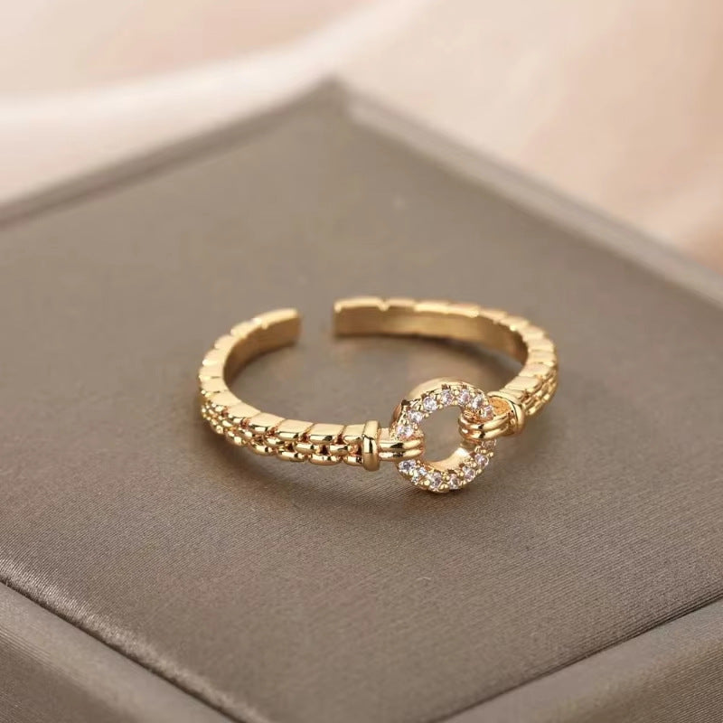 Hot Selling 18K Gold-Plated Full Diamond Titanium Steel Colorfast Open Ring Female Zircon Leaf Ring Female High Sense