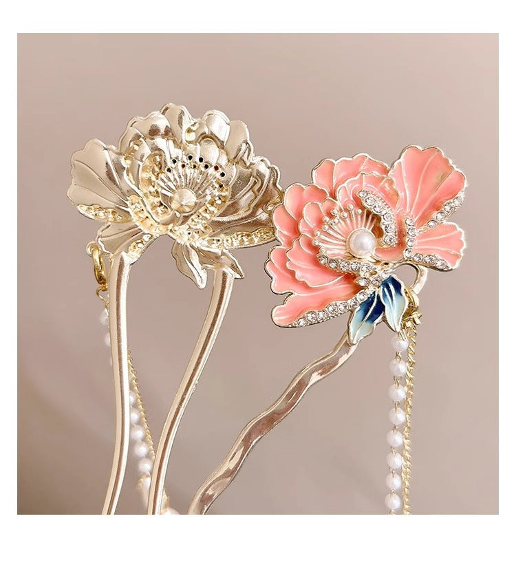 National Style Peony Flower Hairpin for Women 2025 New Super Fairy Step Shake Tassel Hair U-shaped Hairpin Cheongsam Hanfu Hairpin
