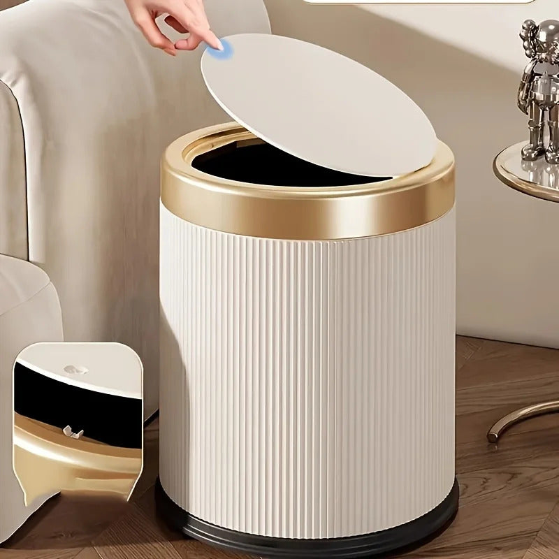 1 fashionable circular top garbage bin with gold edge - durable, stylish storage essential household garbage basket