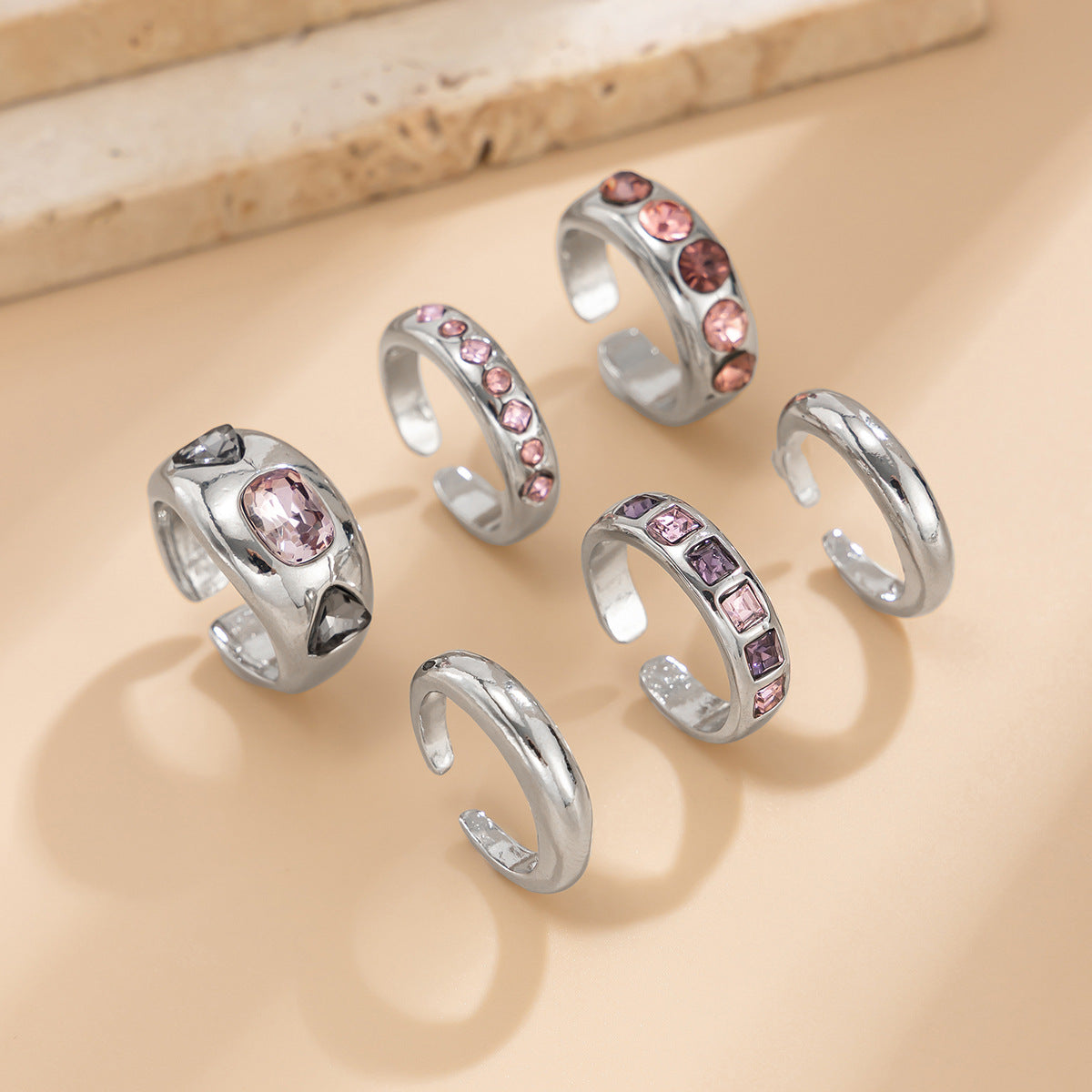 Fashionable Hollow Inlaid Irregular Ring Vintage Alloy Wrinkled Ring Set