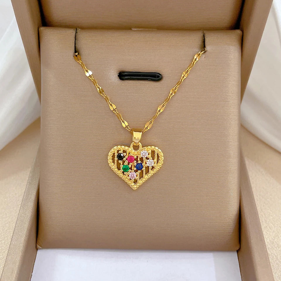 ZAKOL Classic Gold Color Stainless Steel Necklace For Women Shiny Zircon Geometric Heart Pendant Necklaces Jewelry Gift