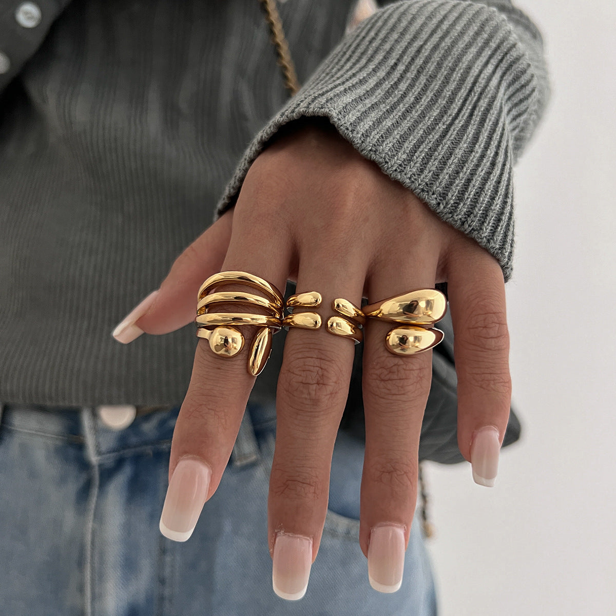 Hand Jewelry Personality Smooth Irregular Geometric Joint Ring Hip Hop Style Women's Ring Set