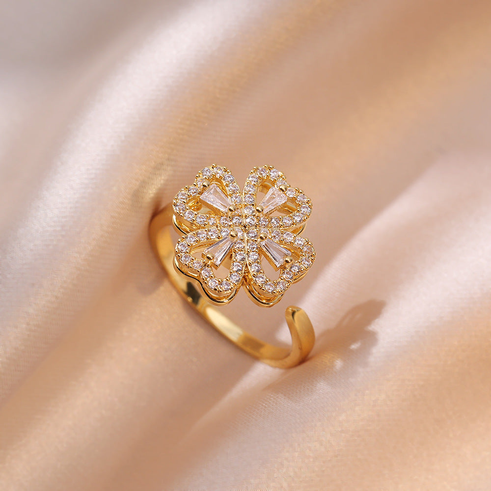 Rotating Ring for Women with Micro Paved Zircon, Elegant and Minimalist Style, Versatile Full Diamond Round Clover Ring Jewelry