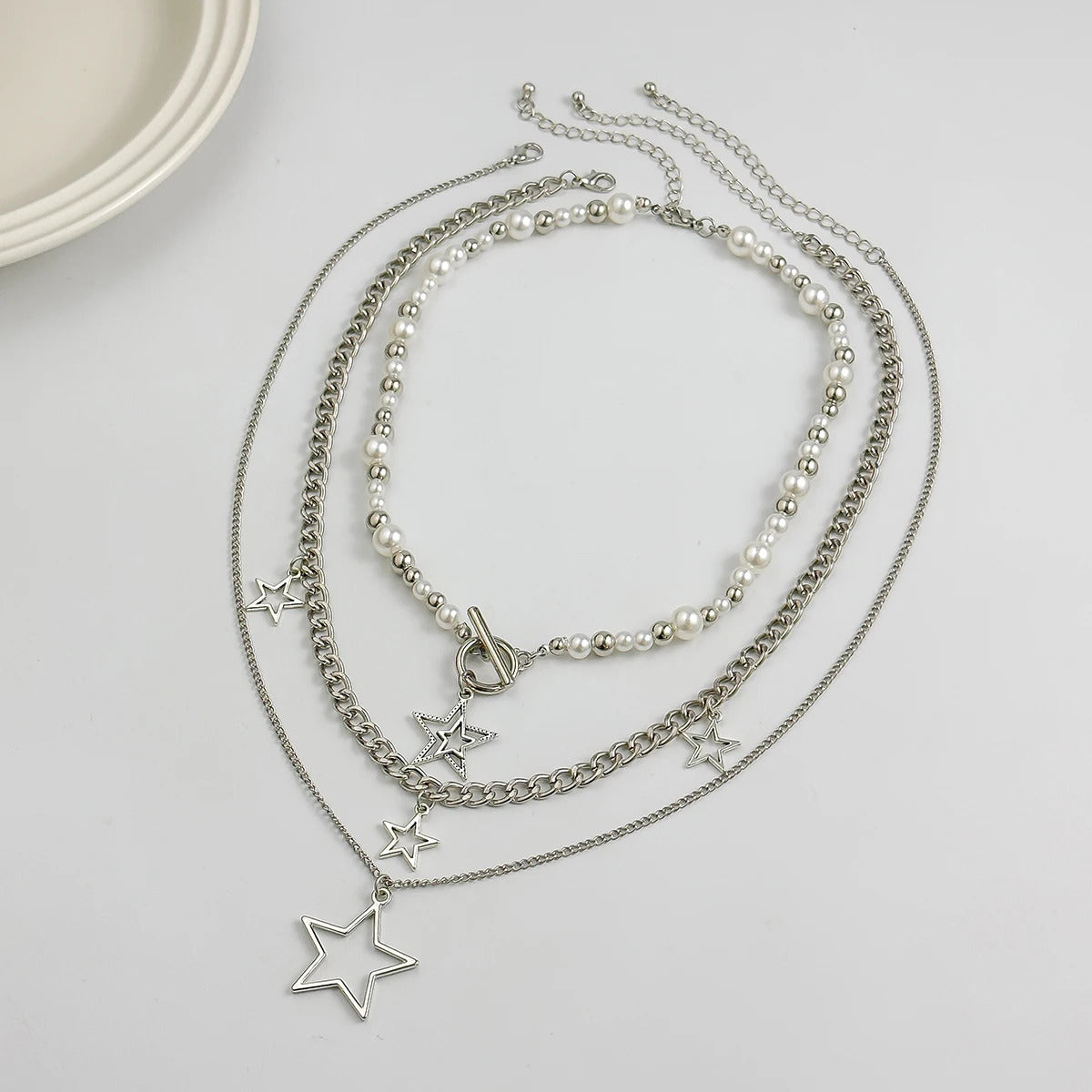 KunJoe Punk Silver Color Star Pendant Necklace for Women Men Imitation Pearl Multilayer Charm Choker Jewelry Collar Party Y2K