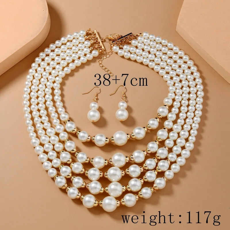 Trend Statement Jewelry Set Multi-layer Handmade Imitation Pearl Beaded Bib Necklace And Earrings For Women Party Accessories