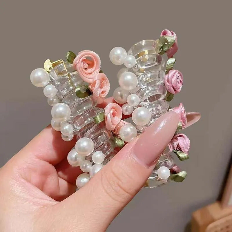 New Rose Flower Telephone Phone Line Hair Rope for Women Girls Elastic Pearl Ponytail Hair Loop Headwear Hair Accessories