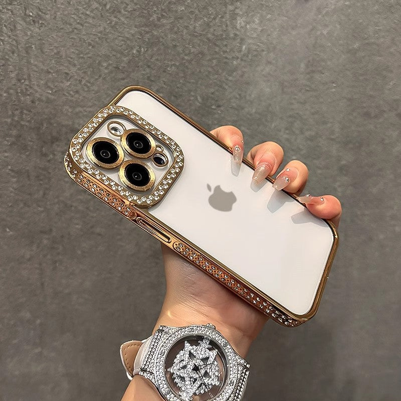 Double Row Diamond Compatible with iPhone 15 Pro Max Phone Case Electroplated Diamond Inlaid Transparent Soft Case Apple 16 Full Coverage Anti-drop
